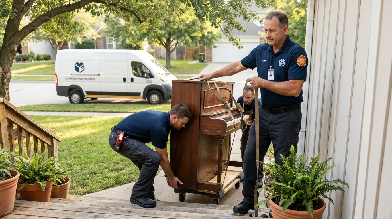 Licensed piano movers securing grand piano in Morganfield, KY