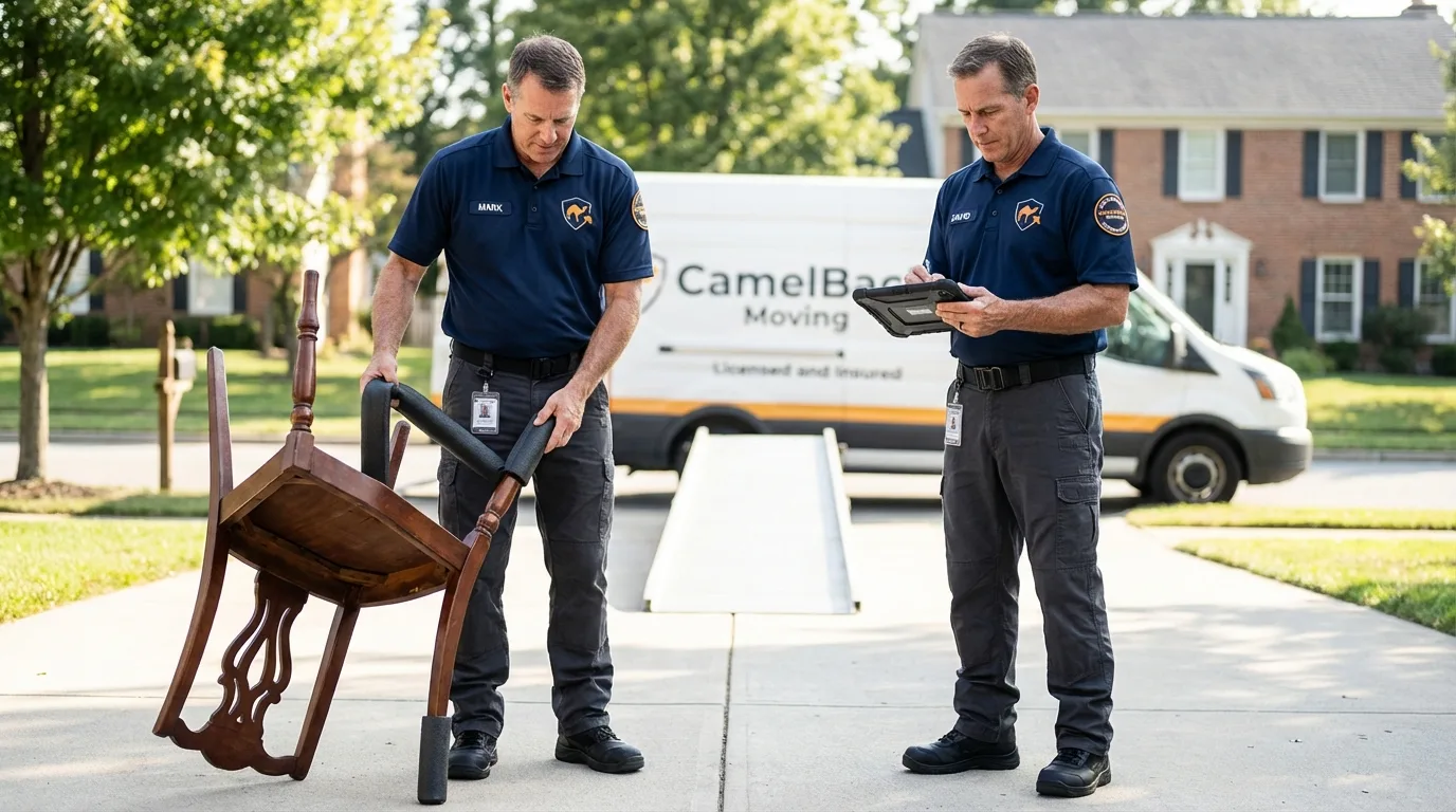 Movers inspecting furniture for damage prevention before loading in Morganfield, KY