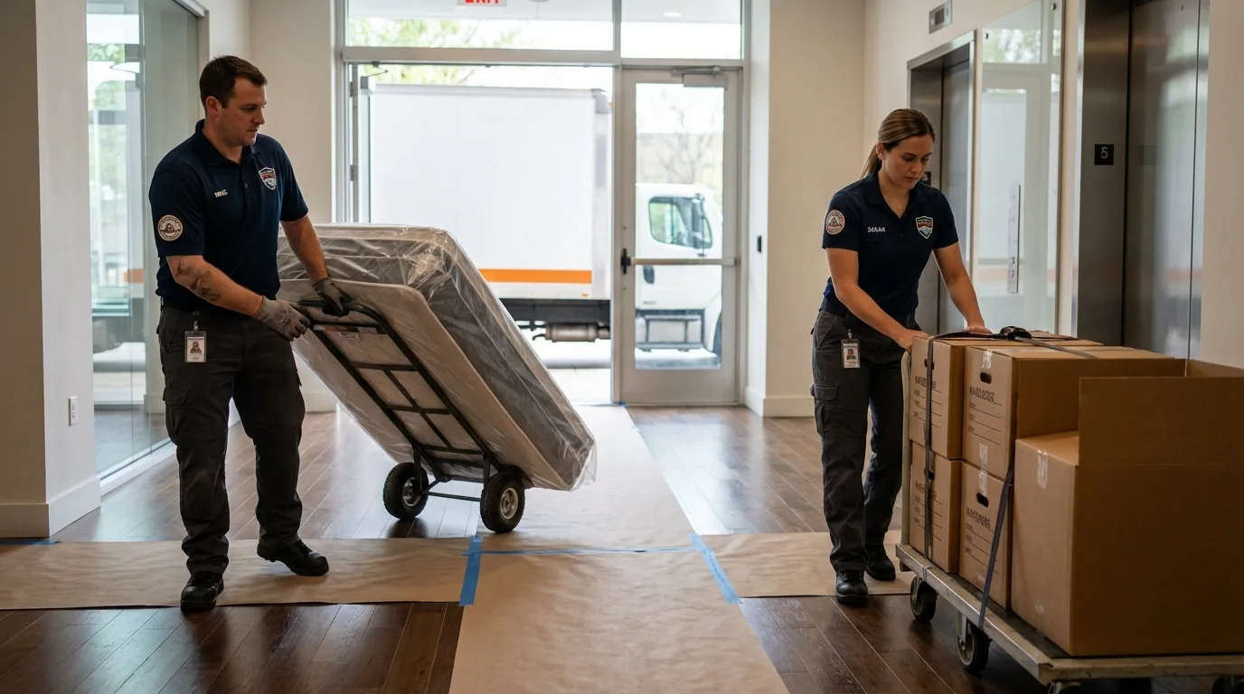 Professional apartment movers loading elevator in Morganfield, KY