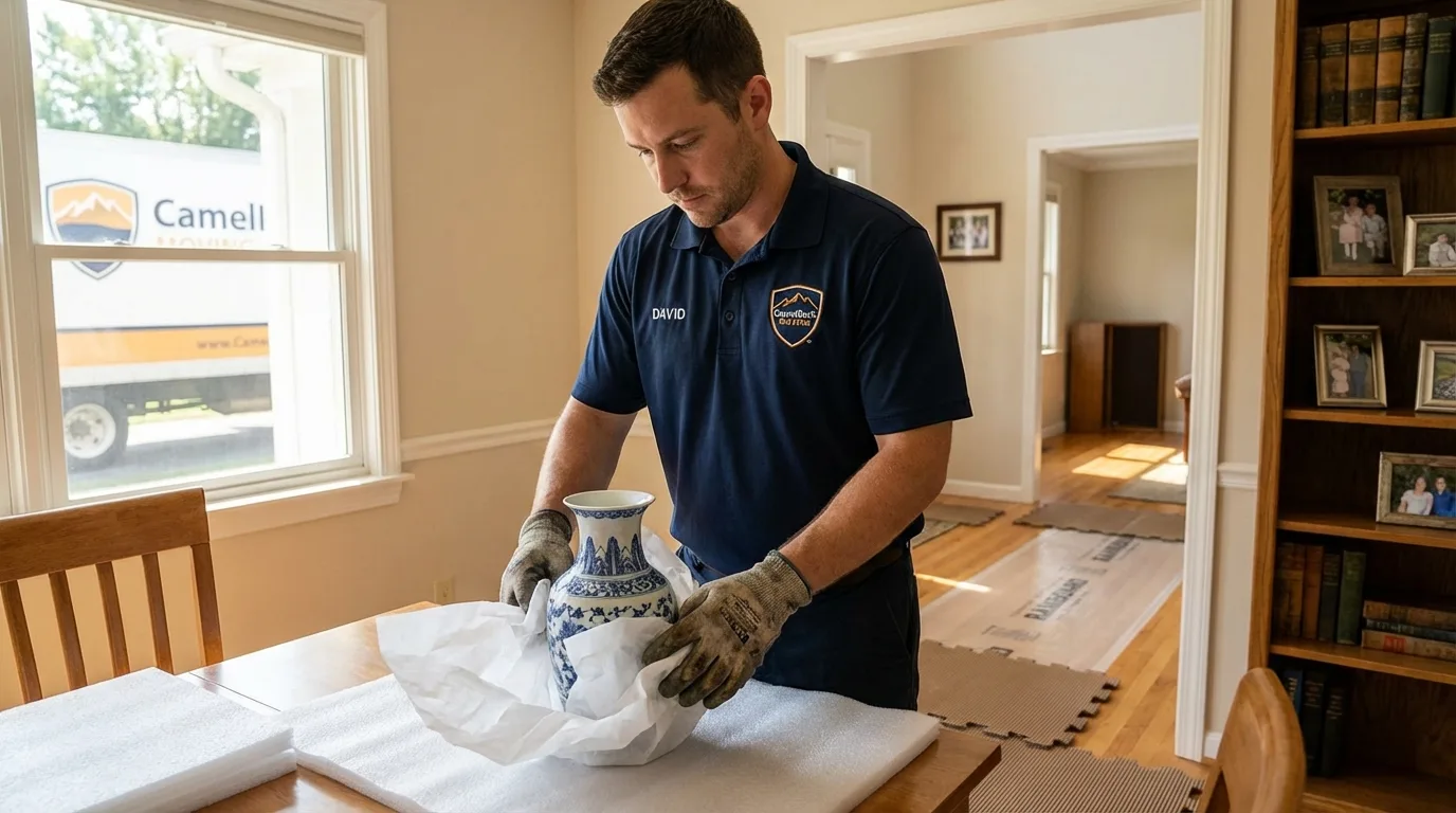 Professional crew carefully wrapping antique vase for senior downsizing move in Morganfield, KY